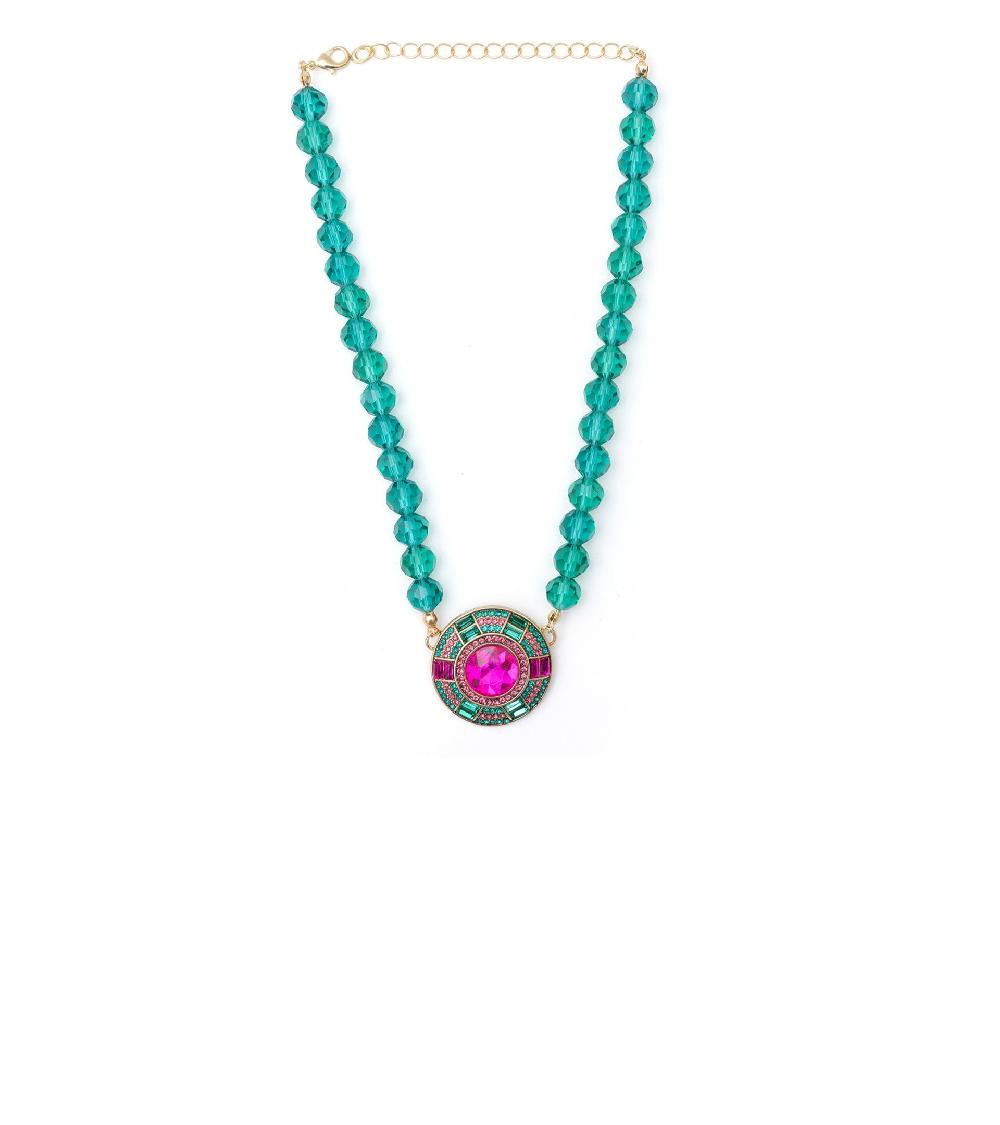 les basiles COLLIER HERA En cristaux verts et roses montés sur laiton plaqué or 18 carats