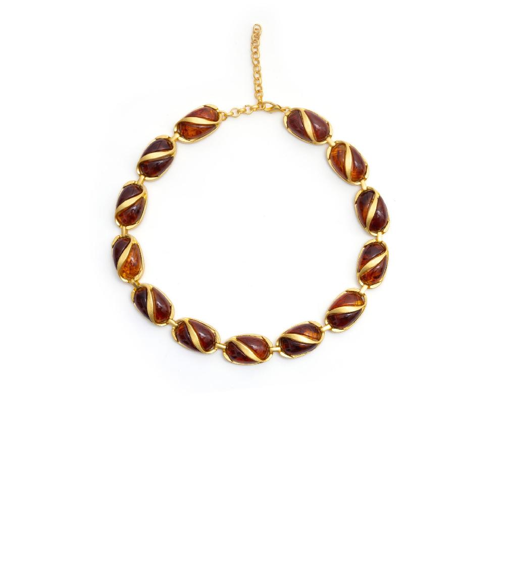 les basiles COLLIER SYBILLE En pâte de verre couleur miel encagée dans laiton plaqué or 18 carats