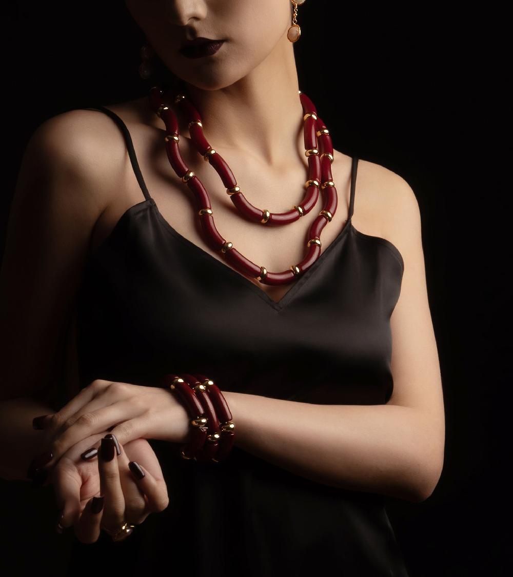 Les Basiles SET DE 3 BRACELETS STEFANIE En Corail Monté Sur Laiton Plaqué Or 18 Carats