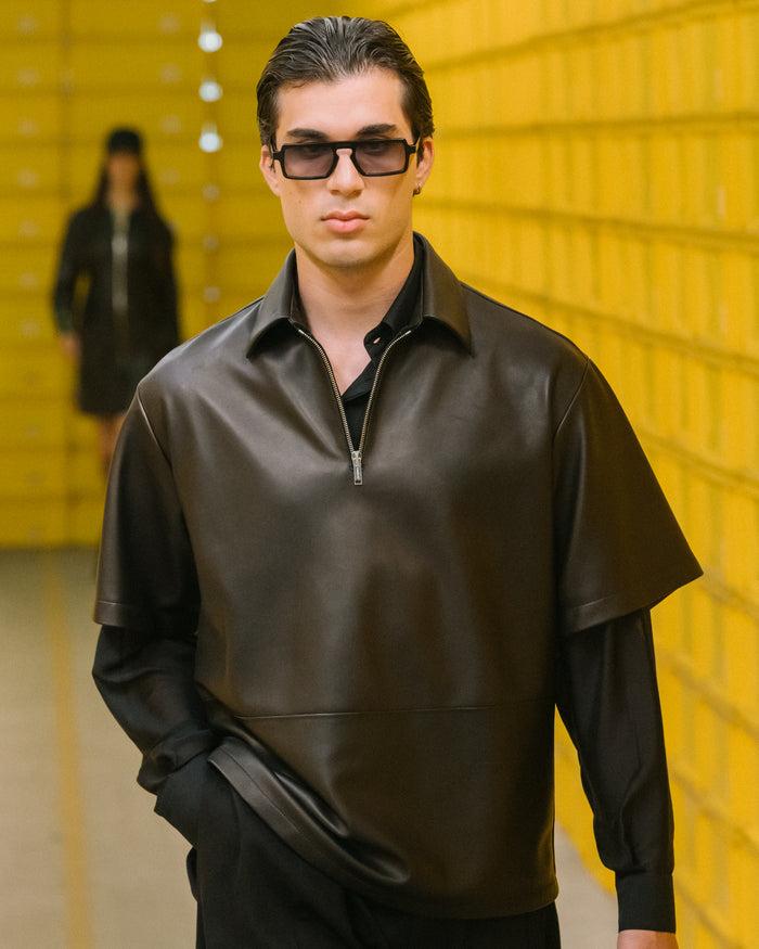 Les Hommes HALF ZIP LEATHER SHIRT