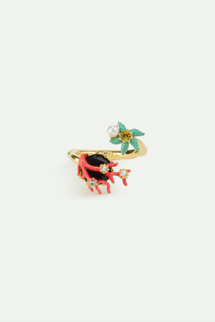 Les Néréides Adjustable Ring With Black Faceted Stone Red Coral Blue Starfish And Cultured Pearl - Multicolor