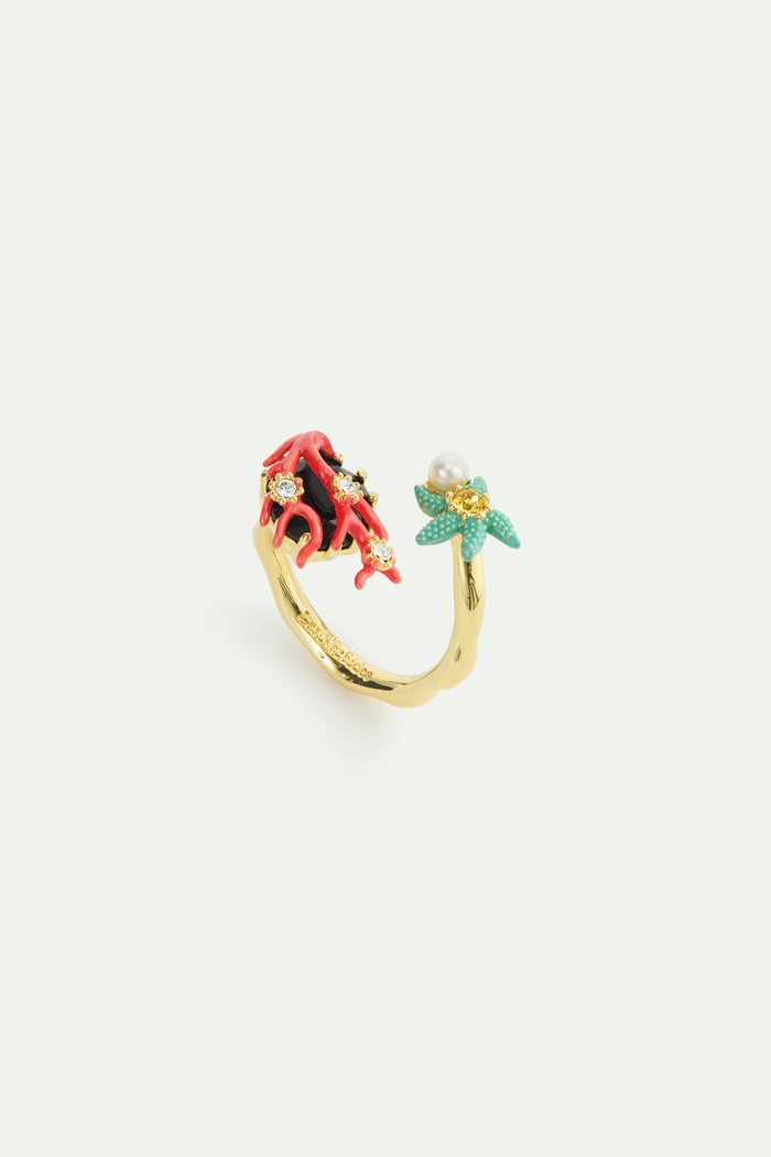 les néréides Adjustable Ring with Black Faceted Stone Red Coral Blue Starfish and Cultured Pearl - Multicolor