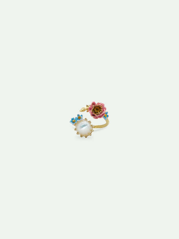 Les Néréides Adjustable Ring With Pink And Blue Flowers And Round Mother Of Pearl Stone - Multicolor