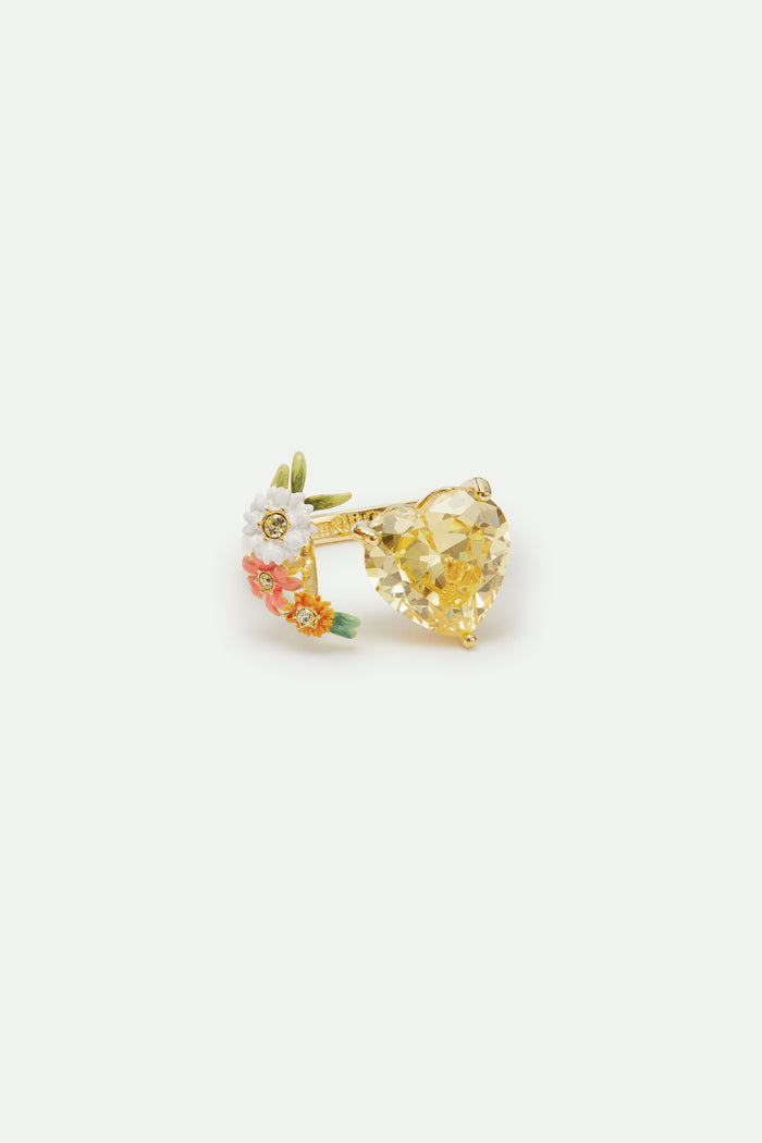 Les Néréides Adjustable Yellow Heart Ring With Zinnias And Daisies - Multicolor