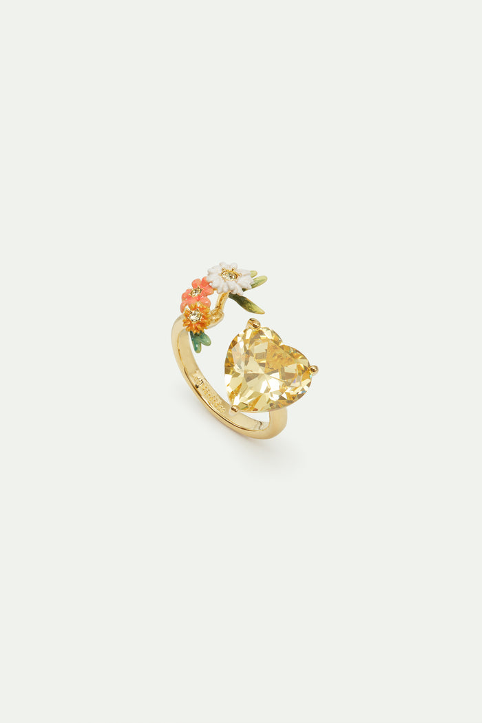 les néréides Adjustable Yellow Heart Ring with Zinnias and Daisies - Multicolor