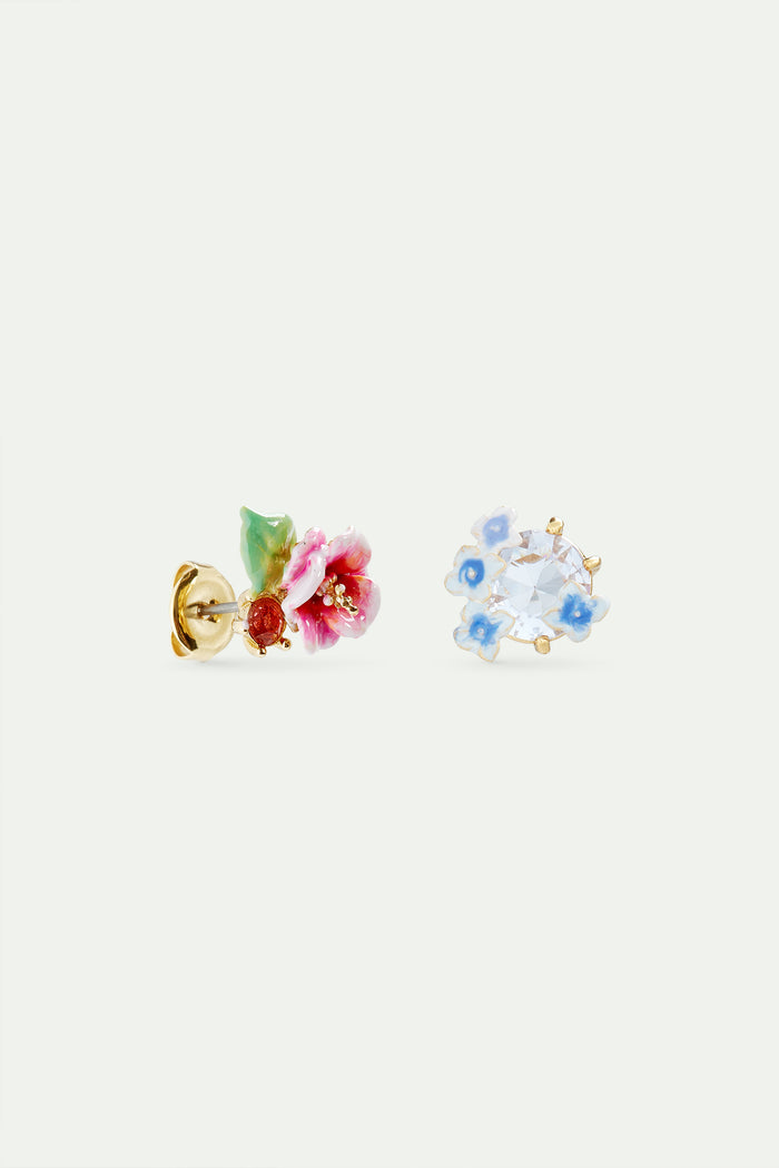 Les Néréides Asymmetrical Enameled Hydrangea Flower And Lavender-Colored Round Stone Post Earrings - Multicolor