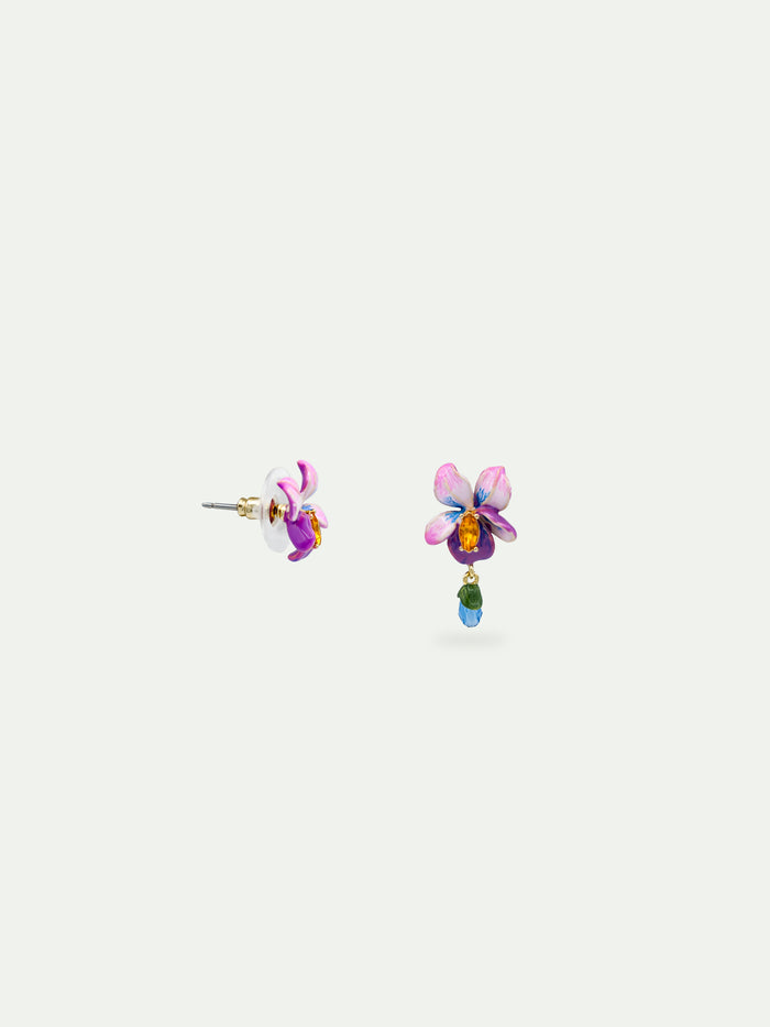 Les Néréides Asymmetrical Violet Flower And Blue Stone Post Earrings - Multicolor