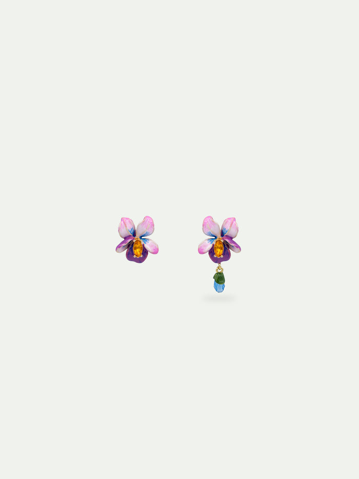 les néréides Asymmetrical Violet Flower and Blue Stone Post Earrings - Multicolor