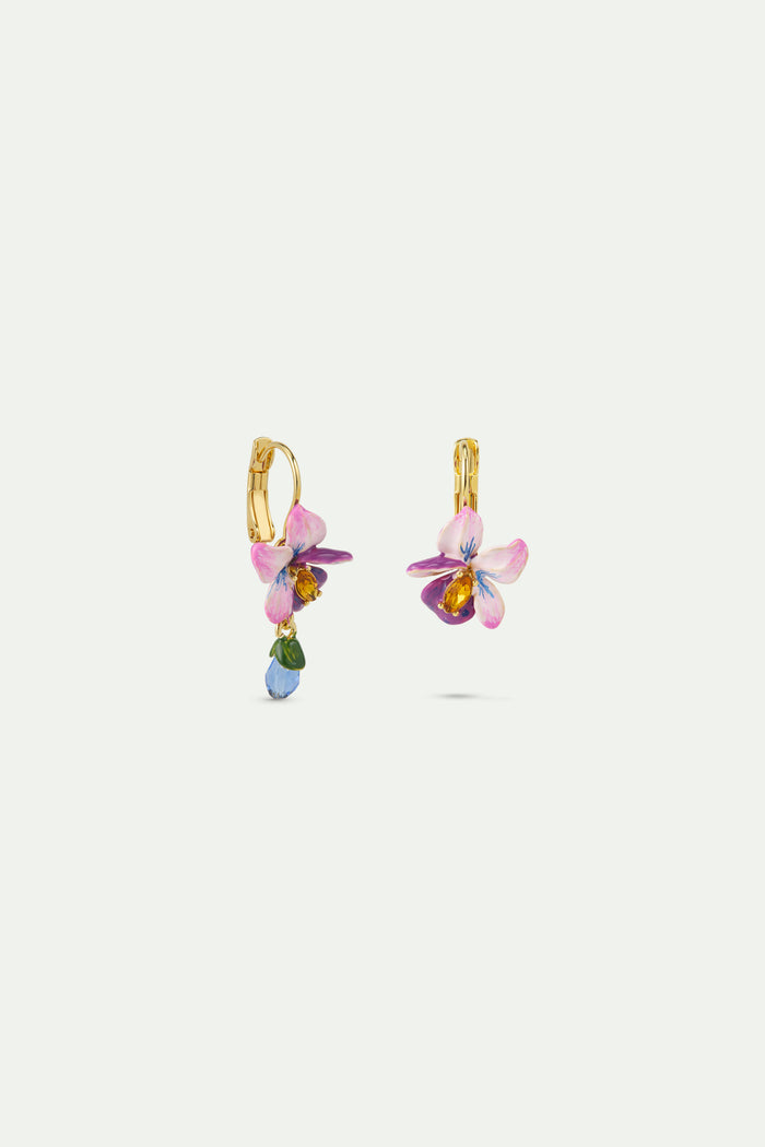 Les Néréides Asymmetrical Violet Flower And Blue Stone Sleeper Earrings - Multicolor