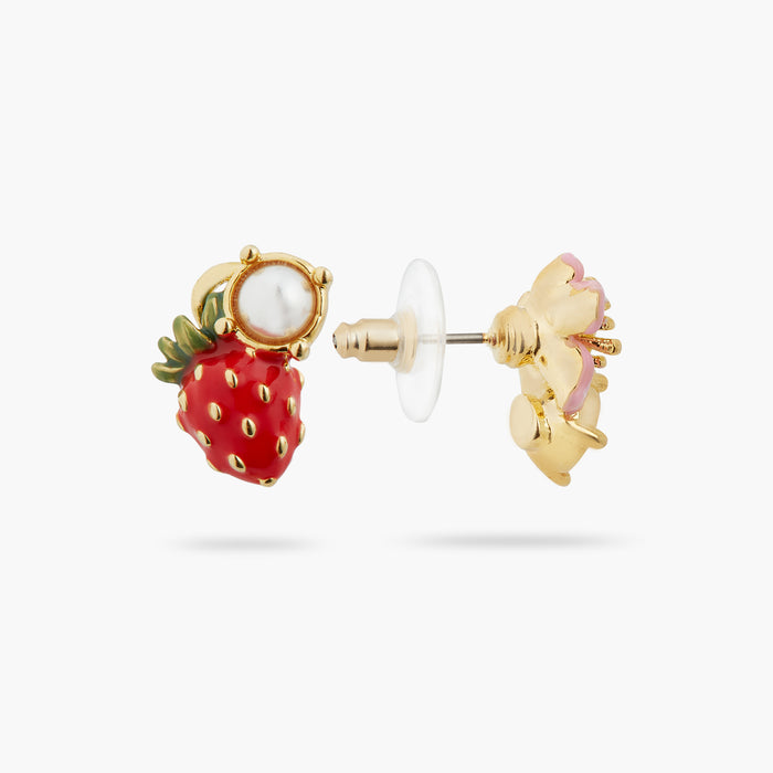 Les Néréides Asymmetrical Wild Strawberry And Pink Flower Post Earrings - Multicolor