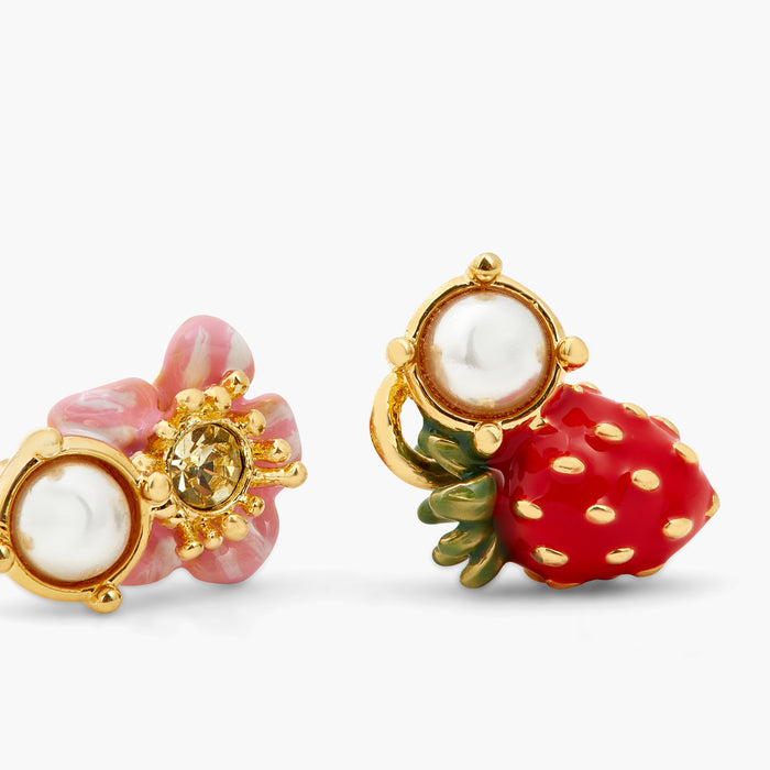 Les Néréides Asymmetrical Wild Strawberry And Pink Flower Post Earrings - Multicolor