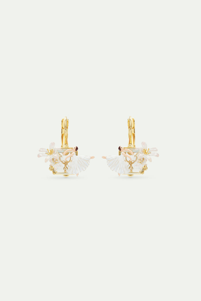 les néréides Ballerina and White Lily Faceted Stone Sleeper Earrings - White