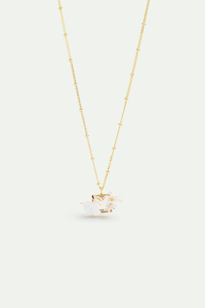 Les Néréides Ballerina Lily Flower And Faceted Stone Pendant Necklace - White
