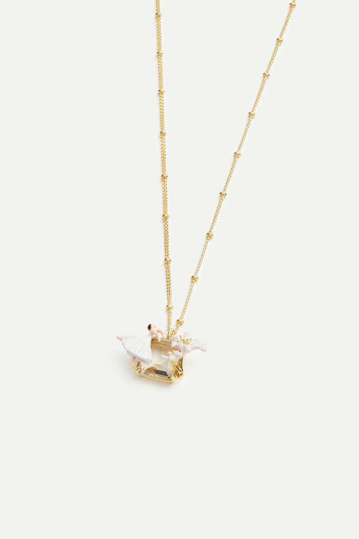 les néréides Ballerina Lily Flower and Faceted Stone Pendant Necklace - White