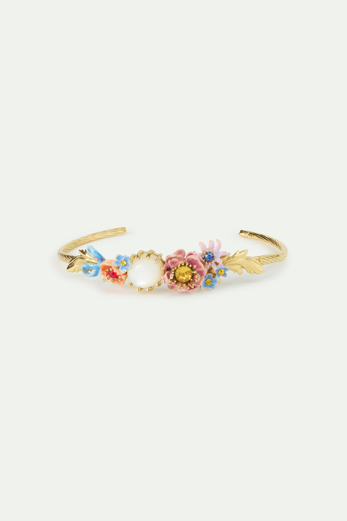 Les Néréides Bangle Bracelet Adorned With Pink And Blue Flower And Mother Of Pearl Round Stone - S / Gold