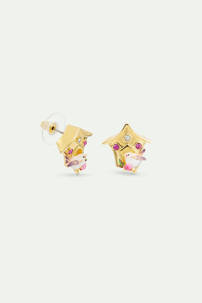 Les Néréides Birdhouse Post Earrings With Snow Bunting And Pink Crystals - Multicolor