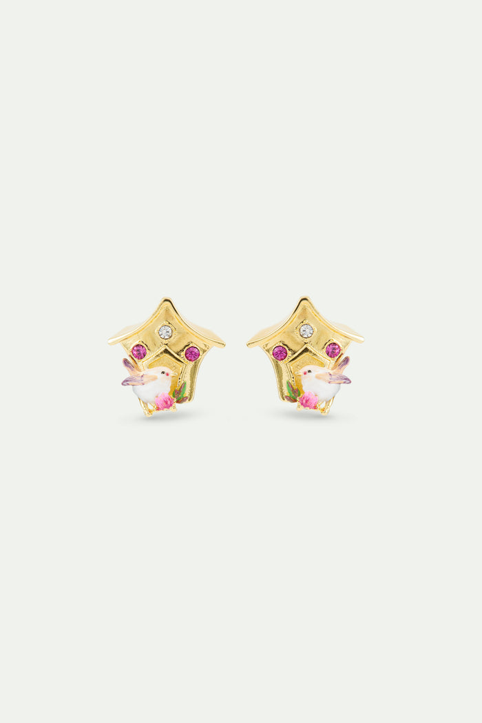 les néréides Birdhouse Post Earrings with Snow Bunting and Pink Crystals - Multicolor
