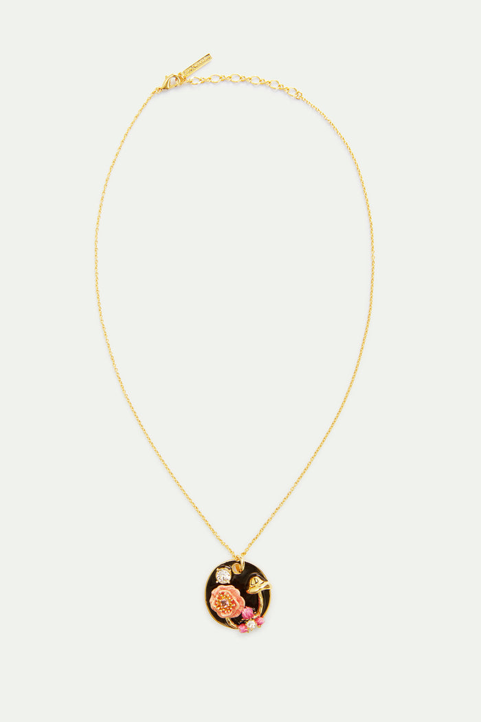 Les Néréides Black Medallion Pendant Necklace With Mushroom Anemone And Crystals - Black
