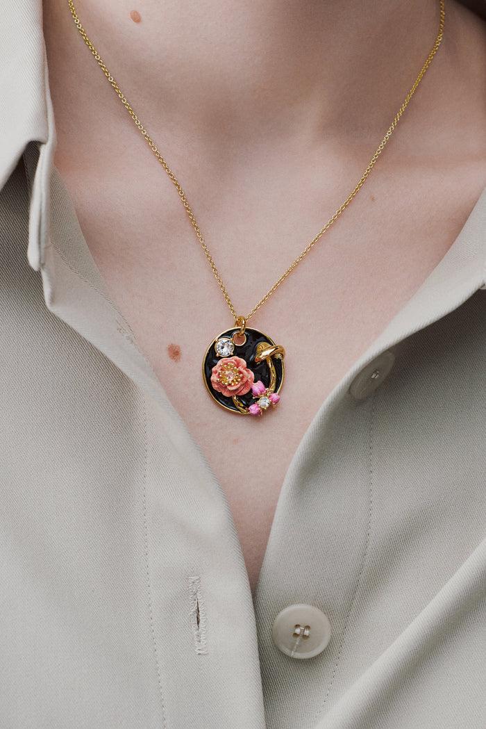 Les Néréides Black Medallion Pendant Necklace With Mushroom Anemone And Crystals - Black