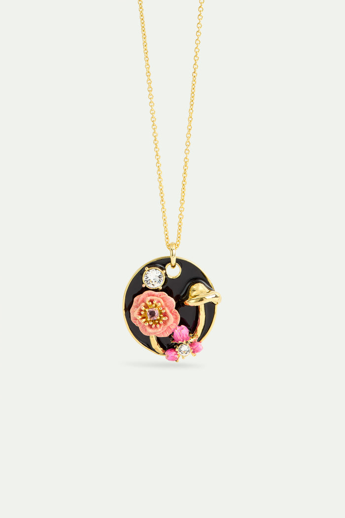 les néréides Black Medallion Pendant Necklace with Mushroom Anemone and Crystals - Black