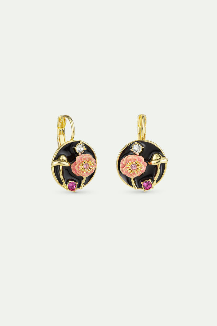 Les Néréides Black Medallion Sleeper Earrings With Mushroom Anemone And Crystals - Black