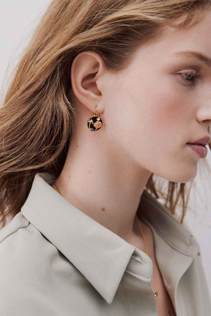 Les Néréides Black Medallion Sleeper Earrings With Mushroom Anemone And Crystals - Black