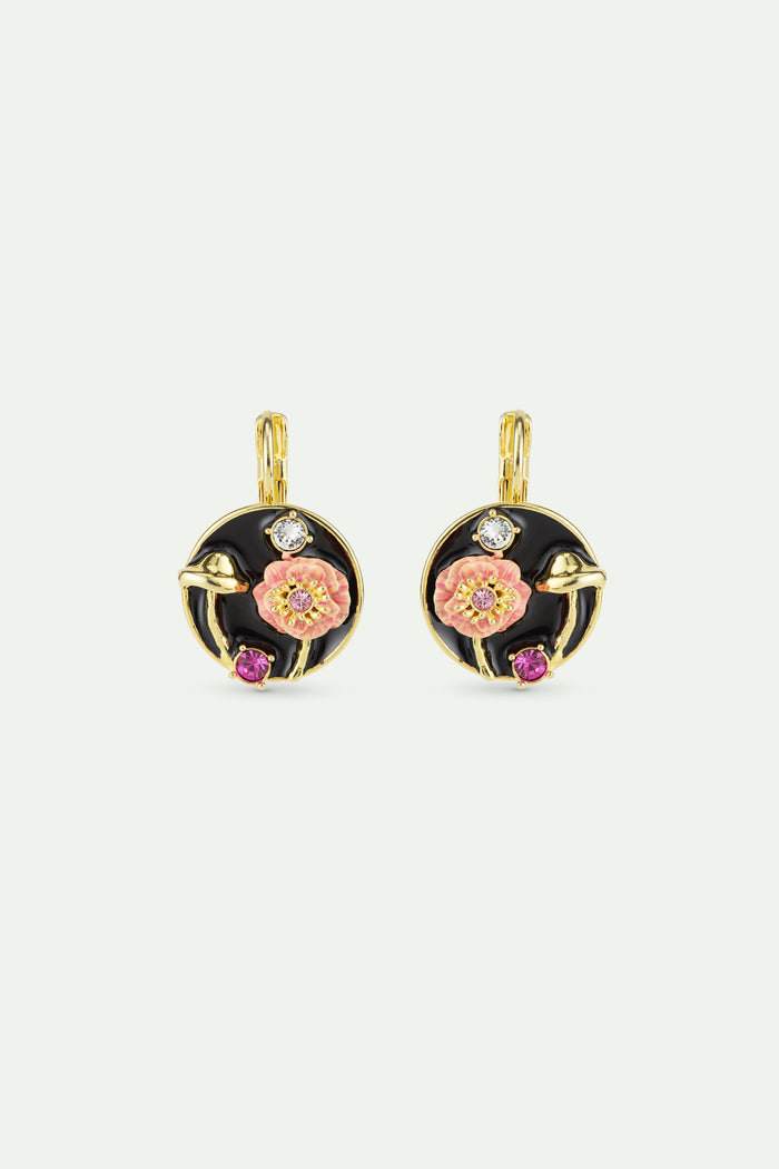 les néréides Black Medallion Sleeper Earrings with Mushroom Anemone and Crystals - Black