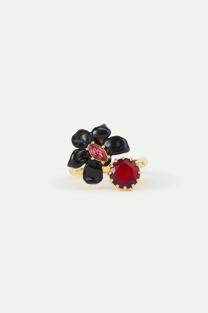 Les Néréides Black Orchid Adjustable Ring With Pink Faceted Crystal And Red Faceted Glass - Multicolor