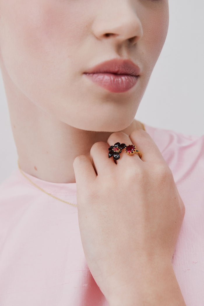 Les Néréides Black Orchid Adjustable Ring With Pink Faceted Crystal And Red Faceted Glass - Multicolor