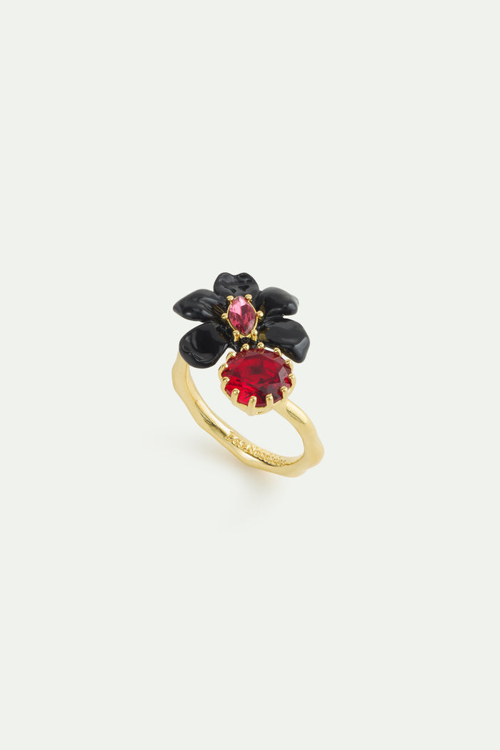 les néréides Black Orchid Adjustable Ring with Pink Faceted Crystal and Red Faceted Glass - Multicolor