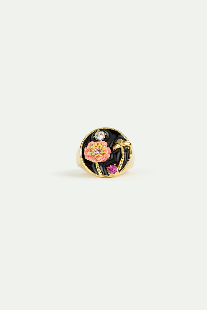 Les Néréides Black Signet Ring With Mushroom Anemone And Crystals - 5.5 (50 Mm) / Black