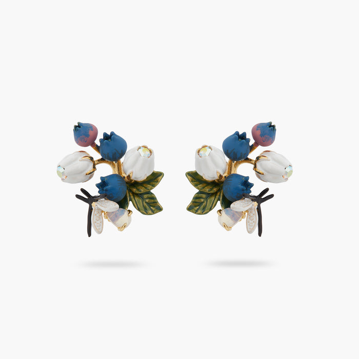 les néréides Blueberry White Flower and Firefly Post Earrings - Multicolor