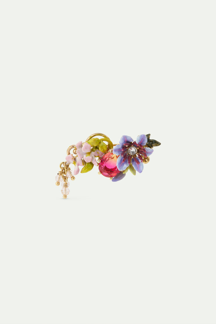 les néréides Brooch with Purple Clematis Two-Tone Faceted Glass Ivy Pink and Purple Wisteria and Dangling Faceted Crystal Beads - Multicolor