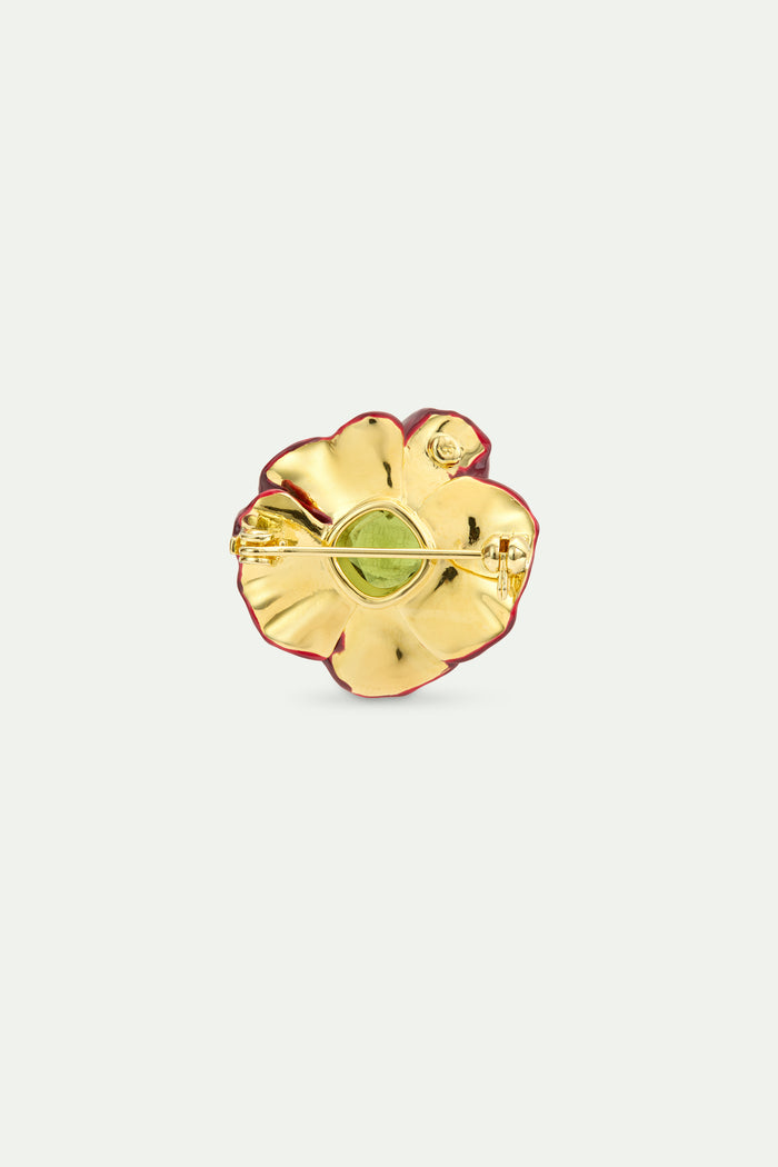Les Néréides Burgundy Anemone Flower And Green Faceted Stone Brooch - Burgandy