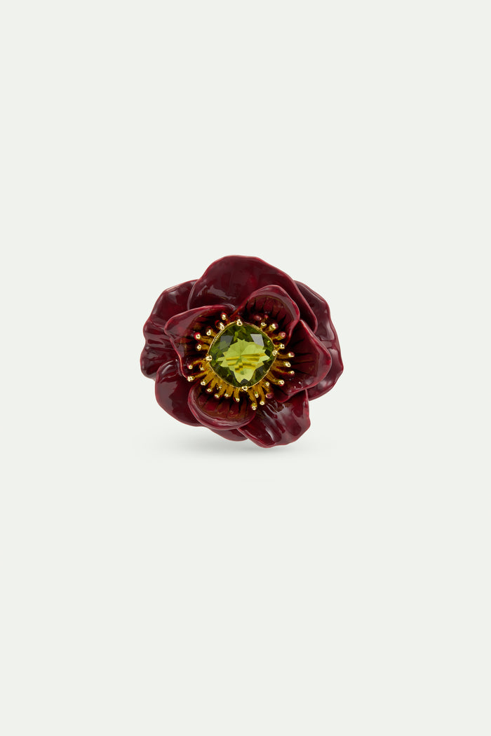 les néréides Burgundy Anemone Flower and Green Faceted Stone Brooch - Burgandy
