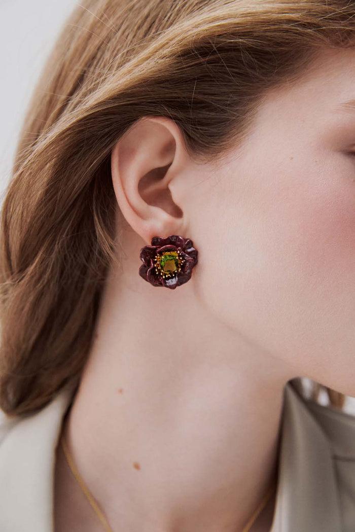 Les Néréides Burgundy Anemone Flower And Green Faceted Stone Clip-On Earrings - Burgandy