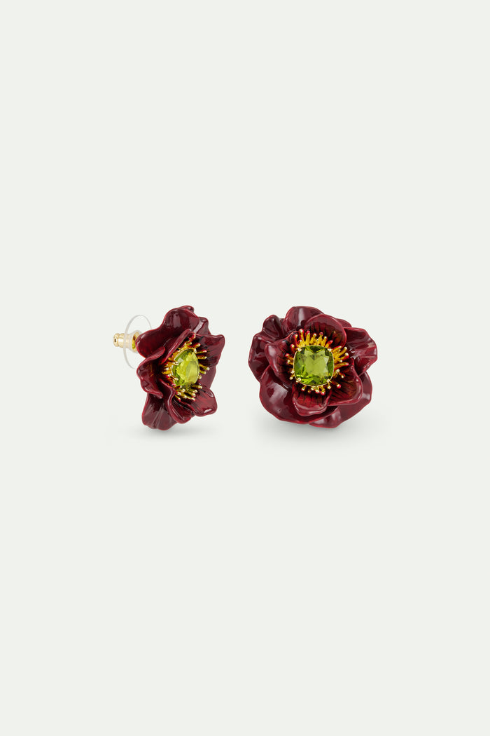 Les Néréides Burgundy Anemone Flower And Green Faceted Stone Post Earrings - Burgandy