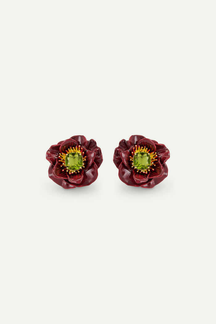 les néréides Burgundy Anemone Flower and Green Faceted Stone Post Earrings - Burgandy