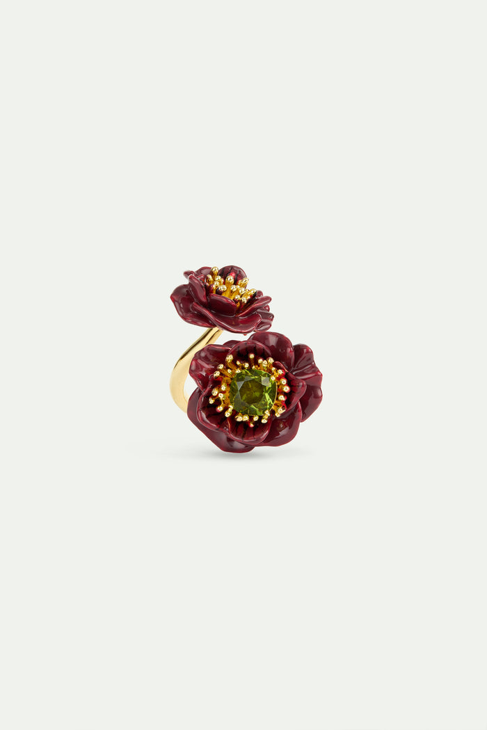 Les Néréides Burgundy Anemone Flower And Green Faceted Stones Adjustable Ring - Burgandy