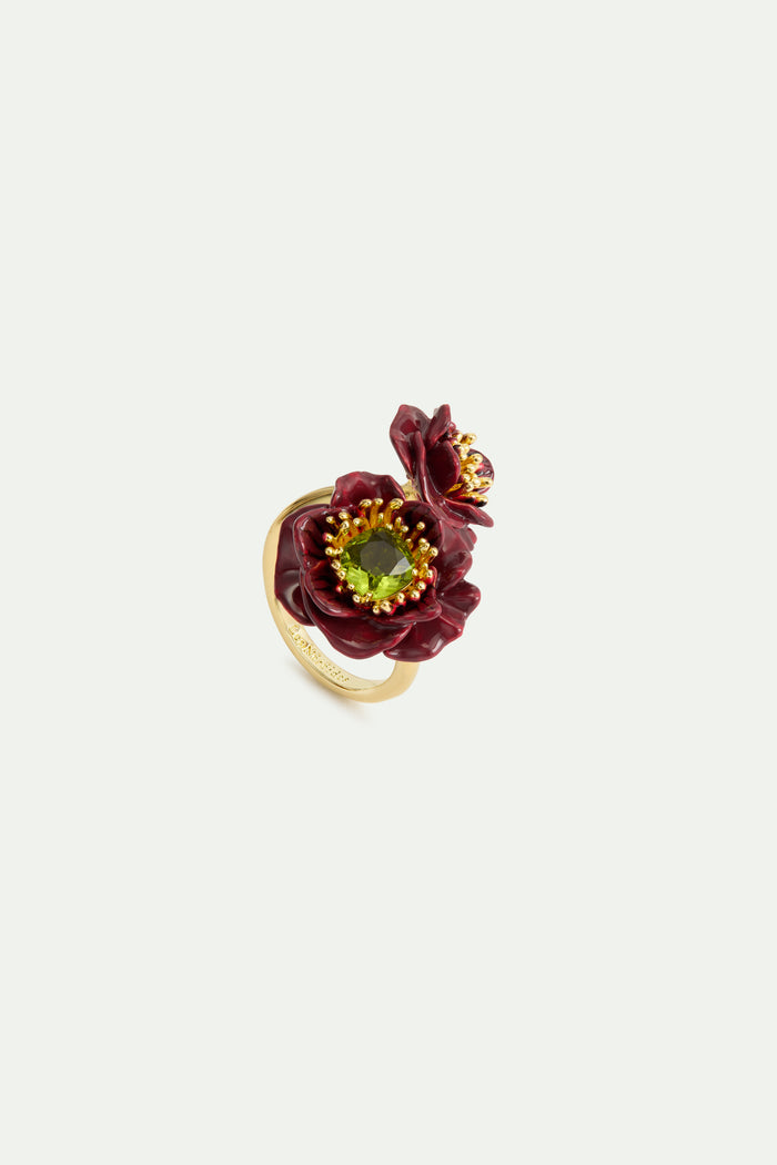 les néréides Burgundy Anemone Flower and Green Faceted Stones Adjustable Ring - Burgandy