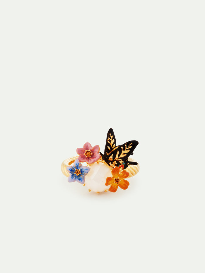 Les Néréides Butterfly 3 Colorful Jasmine Flowers And Faceted Stone Cocktail Ring - 5.5 (50 Mm) / Multicolor