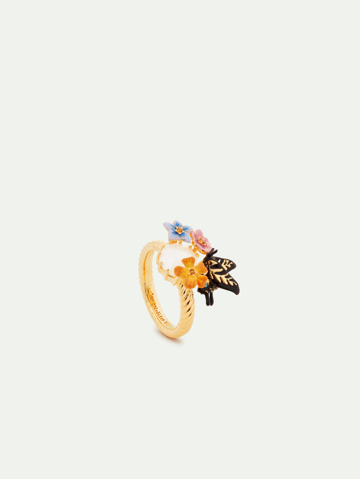 les néréides Butterfly 3 Colorful Jasmine Flowers and Faceted Stone Cocktail Ring - 5.5 (50 mm) / Multicolor