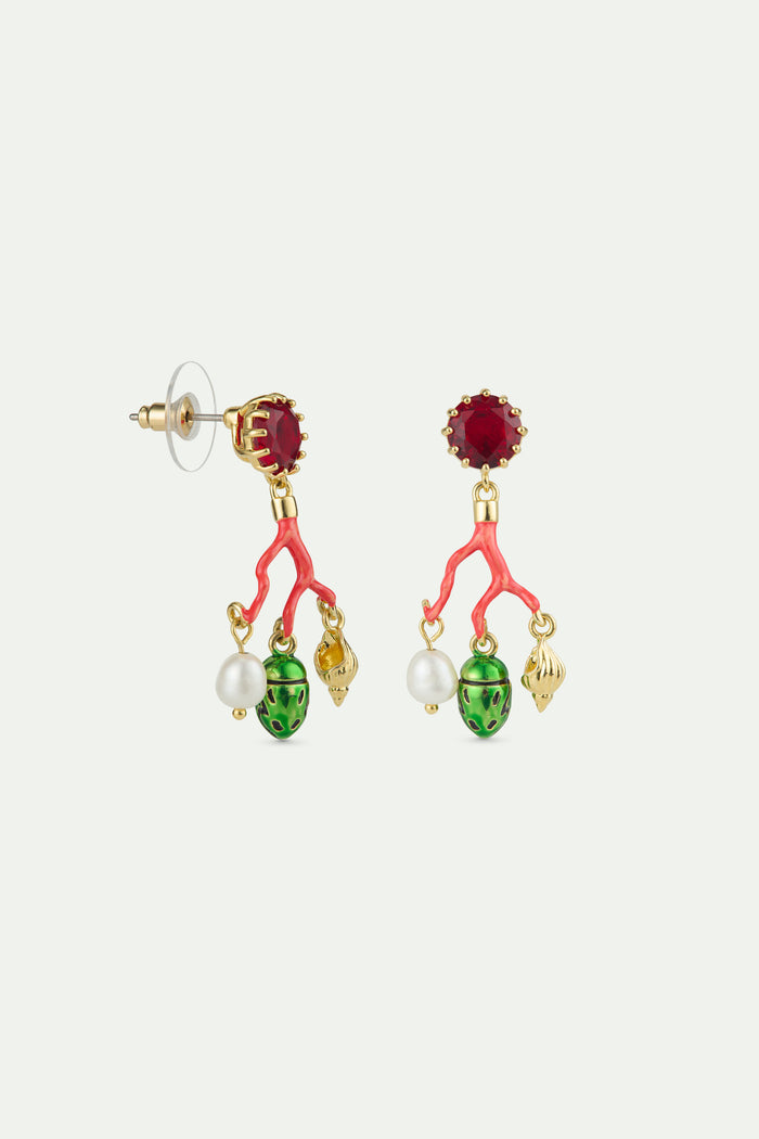 Les Néréides Coral Post Earrings Red Faceted Glass Cultured Pearl Golden Beetle And Seashell - Multicolor