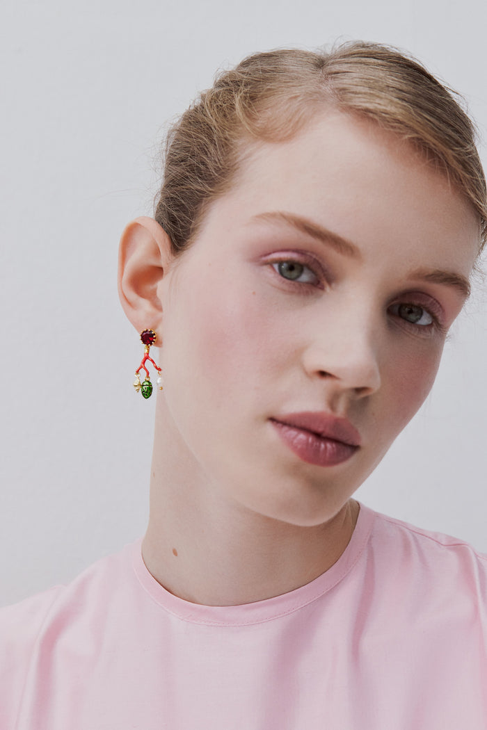 Les Néréides Coral Post Earrings Red Faceted Glass Cultured Pearl Golden Beetle And Seashell - Multicolor