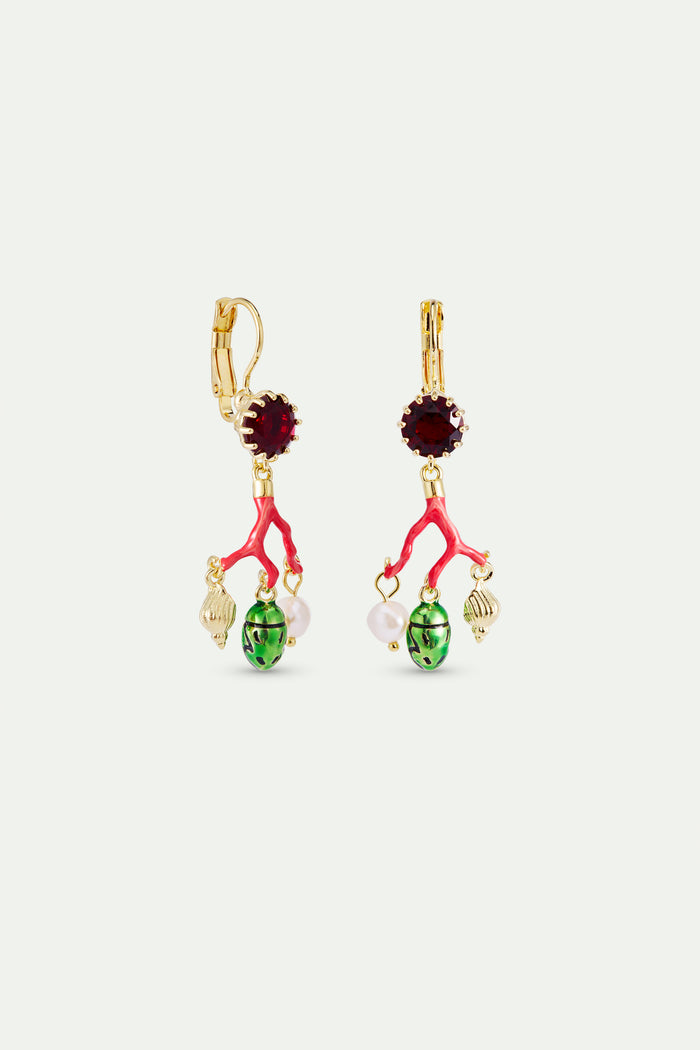 Les Néréides Coral Sleeper Earrings Red Faceted Glass Cultured Pearl Golden Beetle And Seashell - Multicolor