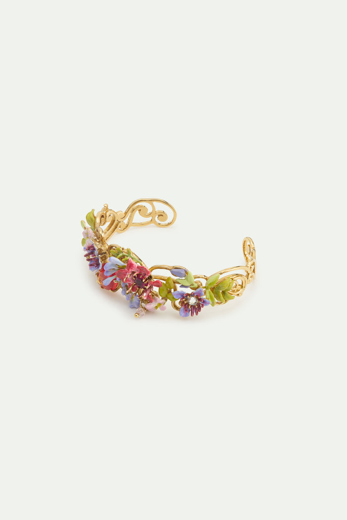 les néréides Cuff Bracelet with Pink and Purple Arabesque Ivy Pink and Purple Clematis and Two-Tone Faceted Glass - S / Multicolor