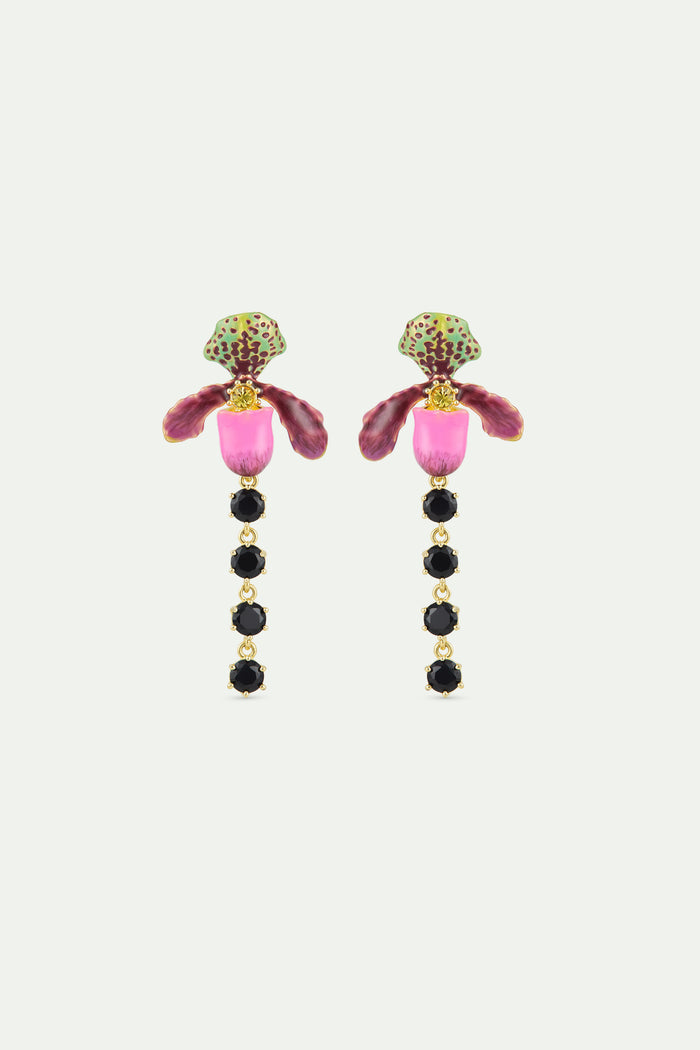les néréides Dangle Clip-On Earrings with Purple Lady's Slipper Orchid and Black Faceted Glass - Multicolor