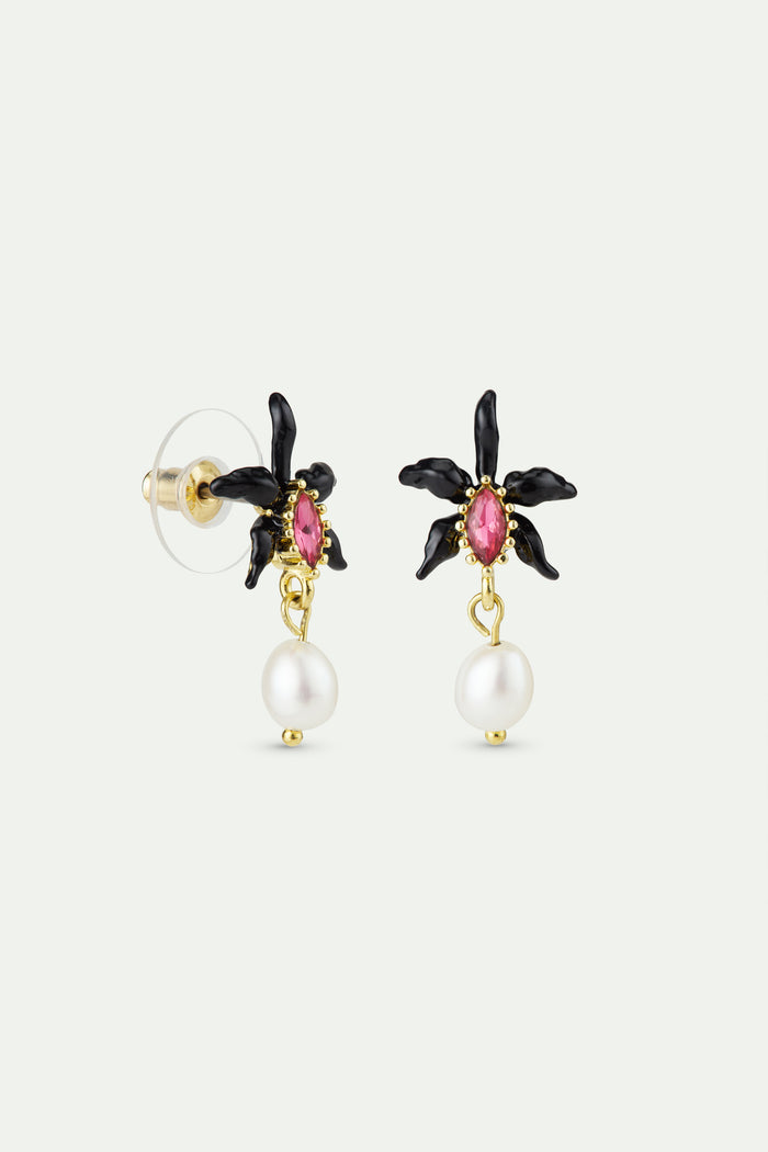 Les Néréides Dangle Post Earrings With Black Orchid Faceted Pink Crystal And Cultured Pearl - Black