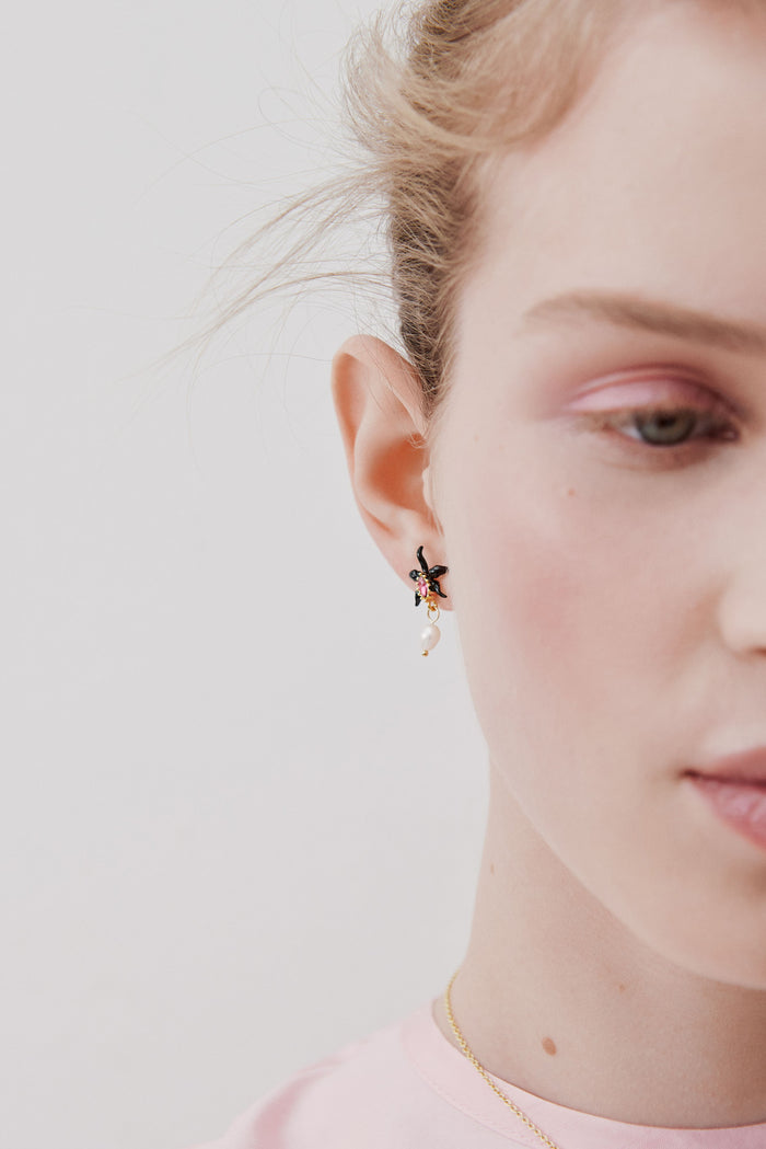 Les Néréides Dangle Post Earrings With Black Orchid Faceted Pink Crystal And Cultured Pearl - Black