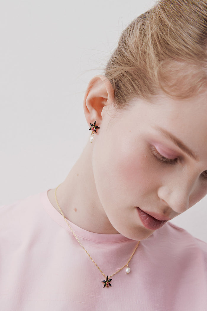 Les Néréides Dangle Post Earrings With Black Orchid Faceted Pink Crystal And Cultured Pearl - Black